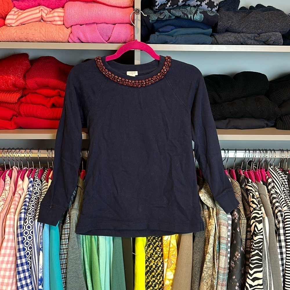 J Crew navy with Martin neckline stones 3/4 quarter sleeve sweater size XS
